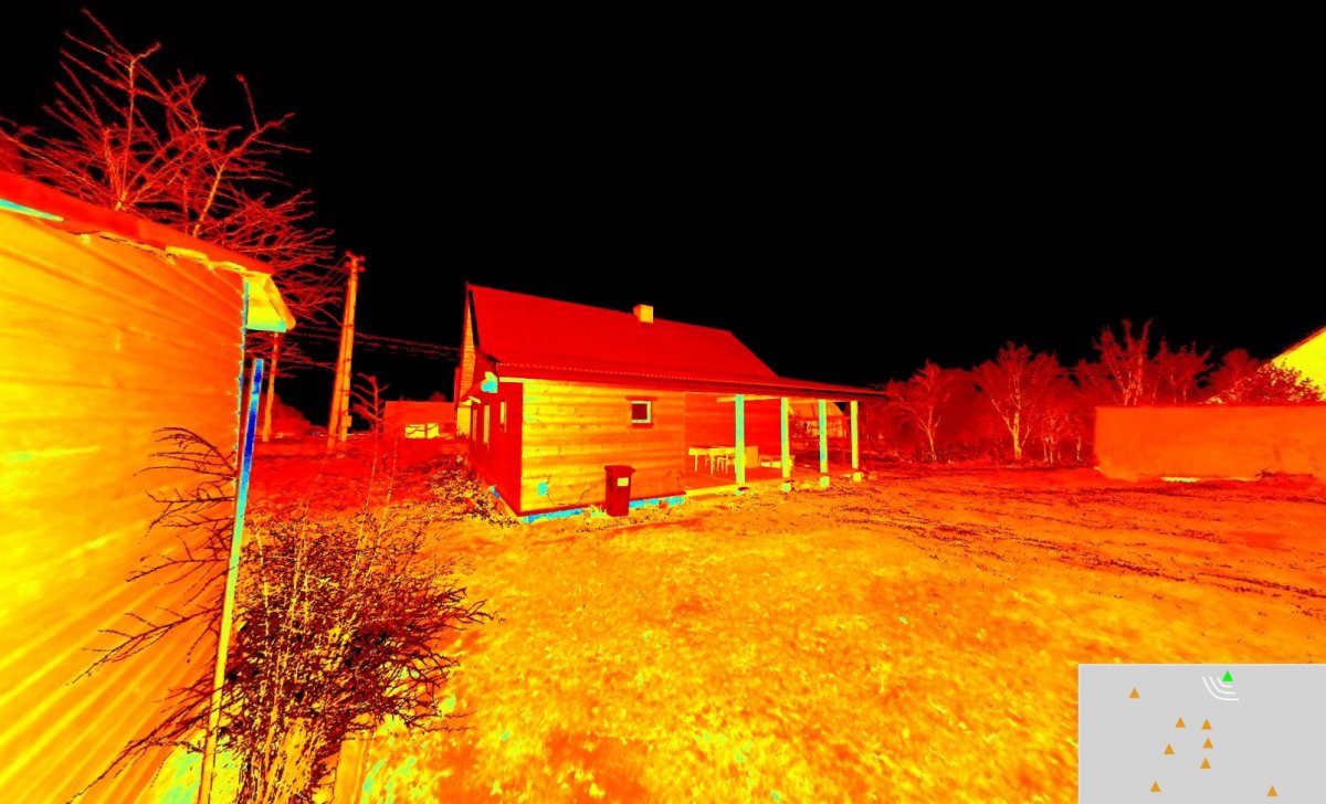 Ukmergės rajonas, sodyba kaime (perspektyva) nuspalvinta pagal intensyvumo reikšmes, užfiksuota su Trimble TX8